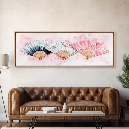 Floral Hand Fan Art Framed Canvas Print Chinoiserie Pink Wall Art Botanical Prints Horizontal Bedroom Living Room Décor Gift Idea