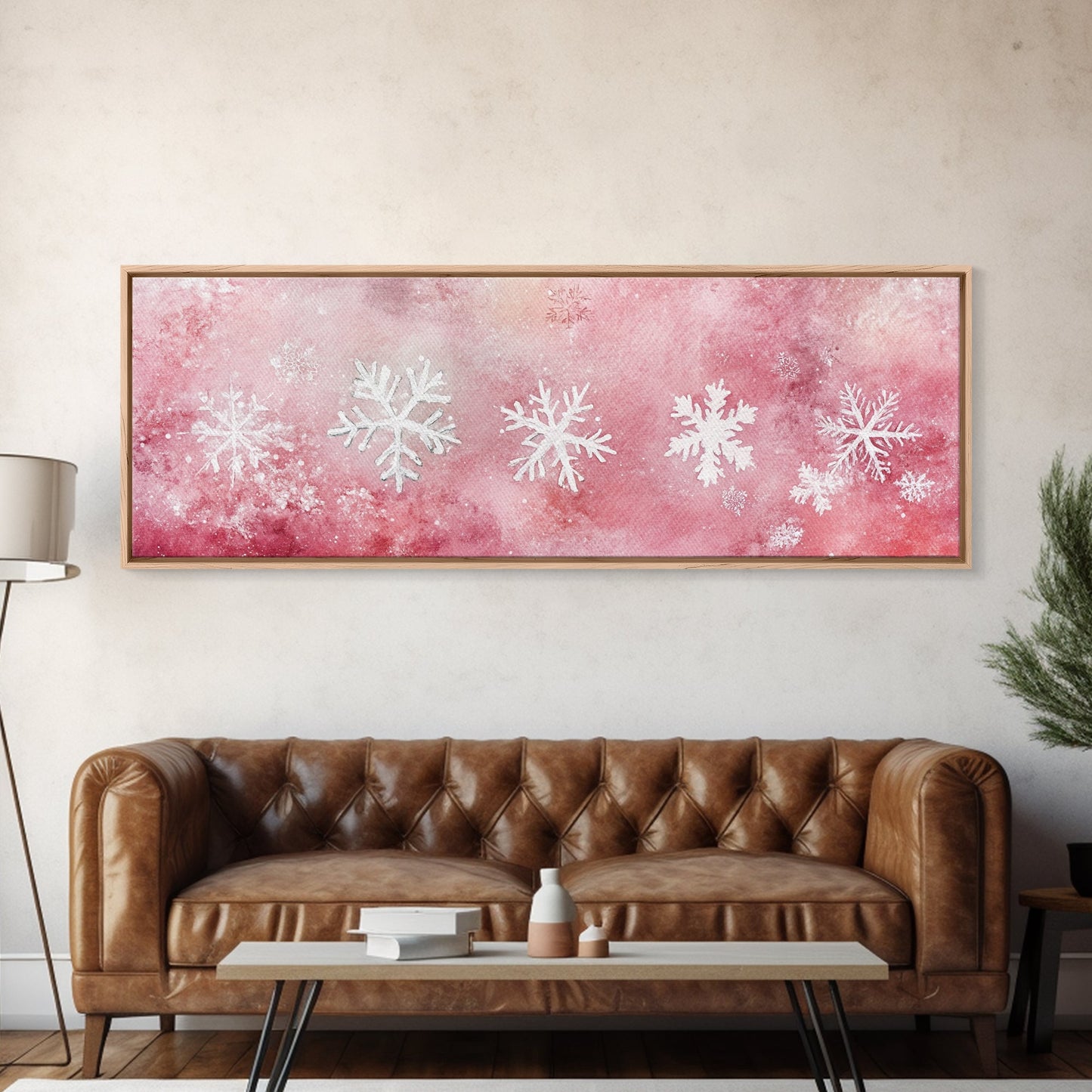 Framed Canvas Print of Snowflakes on Pink Background Featuring Cozy Winter Wall Art or Light Holiday Bedroom Seasonal Decor