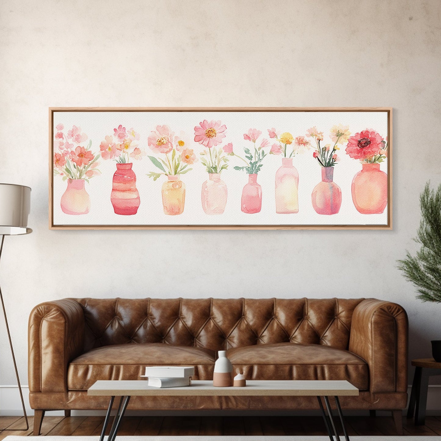 Wildflower Botanical Prints Framed Canvas Print Light Pink Wall Art Living Room Decor Horizontal Rustic Floral Painting