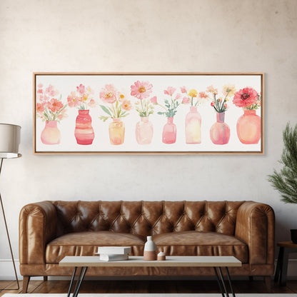 Wildflower Botanical Prints Framed Canvas Print Light Pink Wall Art Living Room Decor Horizontal Rustic Floral Painting