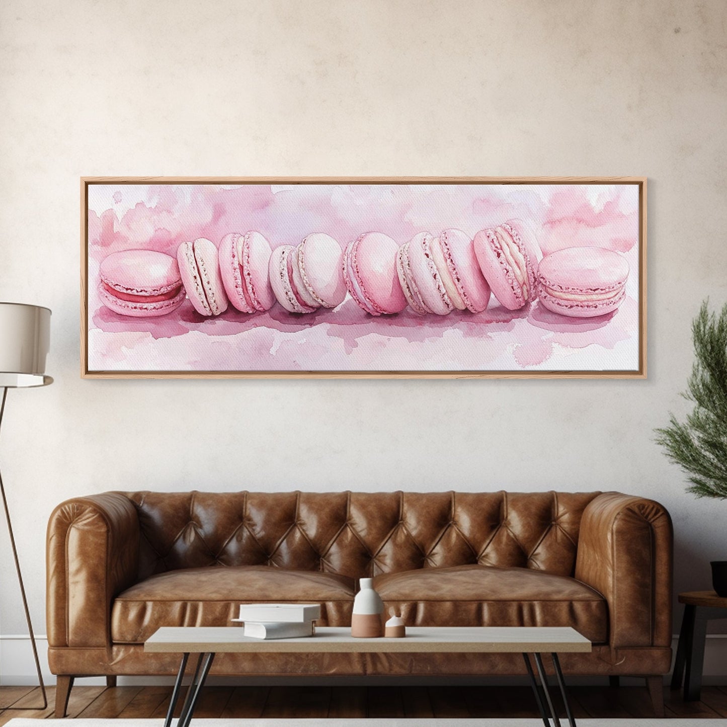 Whimsical Macarons Pink Wall Art Framed Canvas Print Extra Wide Horizontal Dessert Painting Food Review Kitchen Art