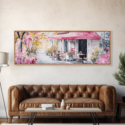 Parisian Cafe Cherry Blossom Painting Framed Canvas Print Extra Wide Art Horizontal Wall Art Rustic Above Sofa Decor