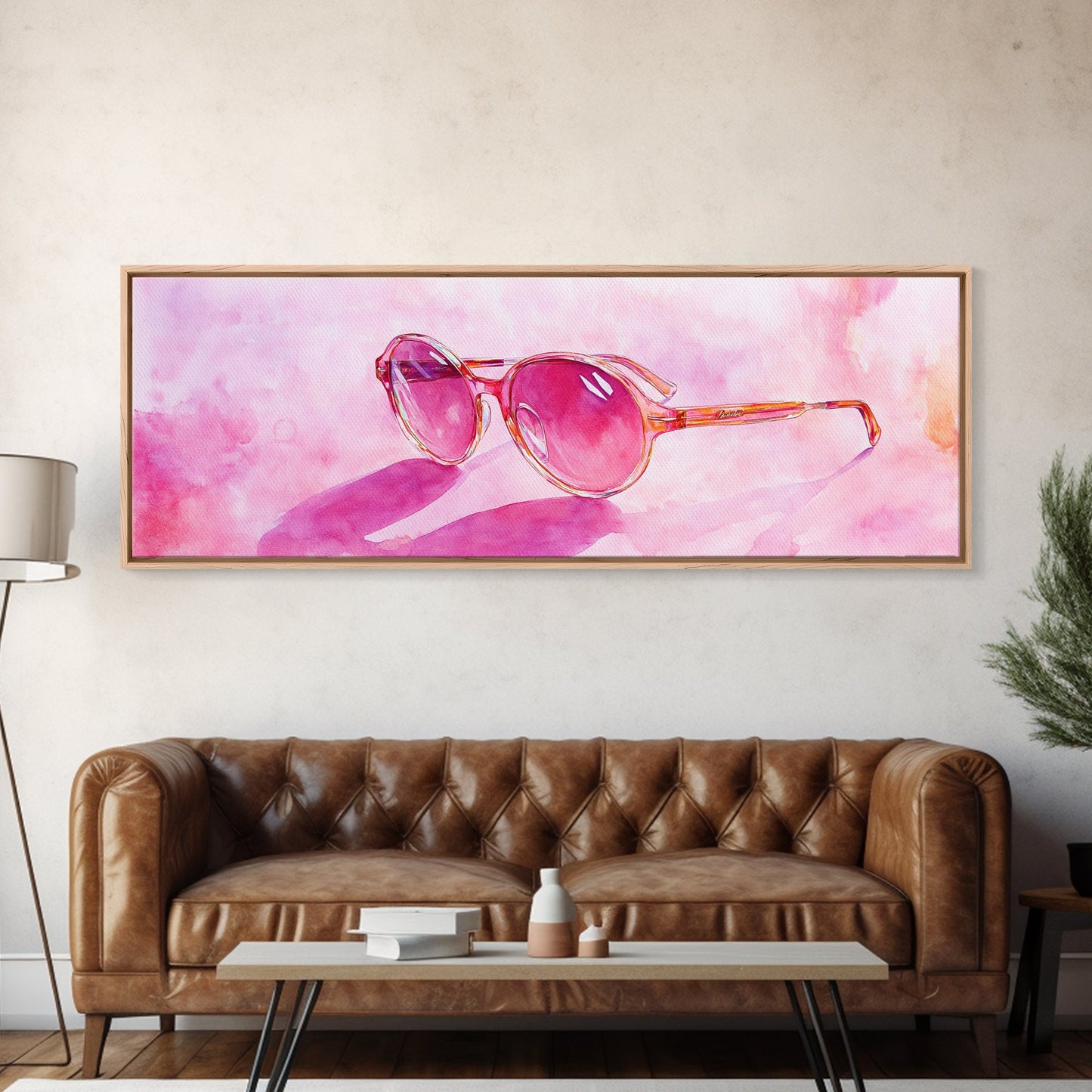 Retro Sunglasses Pink Wall Art Framed Canvas Print Light Pink Horizontal Wall Art Rustic Decor Fashion Illustration Art