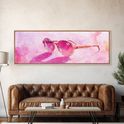 Retro Sunglasses Pink Wall Art Framed Canvas Print Light Pink Horizontal Wall Art Rustic Decor Fashion Illustration Art