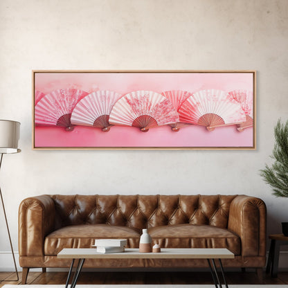 Elegant Fans Canvas Print with Cherry Blossom Art, Pink Wall Art, Whimsical Art for Living Room or Bedroom, Light Pink Decor Idea