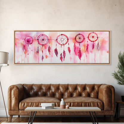 Dreamcatcher Canvas Print, Pink Orange Wall Art with Whimsical Artistic Feathers, Boho Art Idea for Living Room or Above Couch