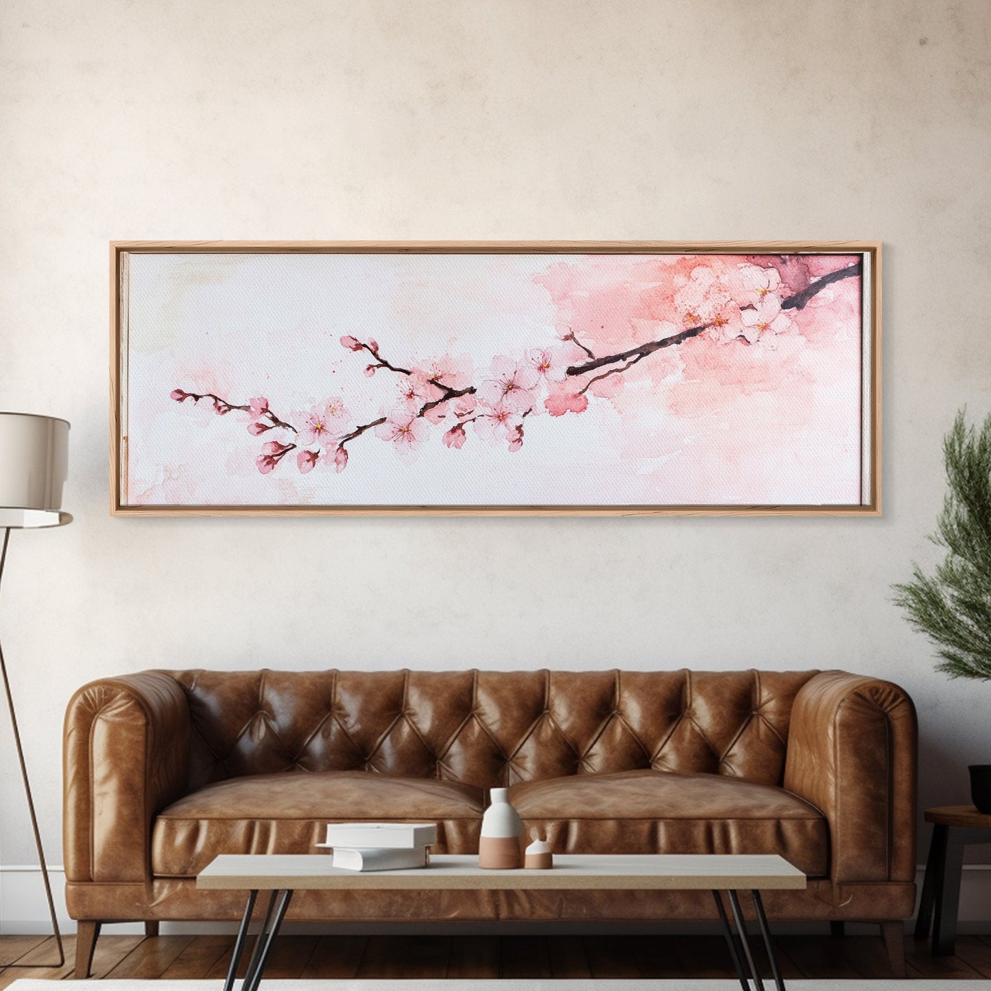 Cherry Blossom Framed Canvas Print, Japanese Sakura Wall Art, Light Pink Decor, Minimalist Botanical Artwork, Bedroom or Living Room Art