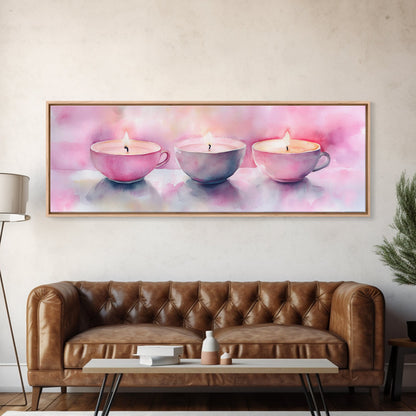 Candlelight Framed Canvas Print, Cozy Pastel Teacup Candles Art, Light Pink Wall Decor, Bedroom or Dining Room Whimsical Artwork