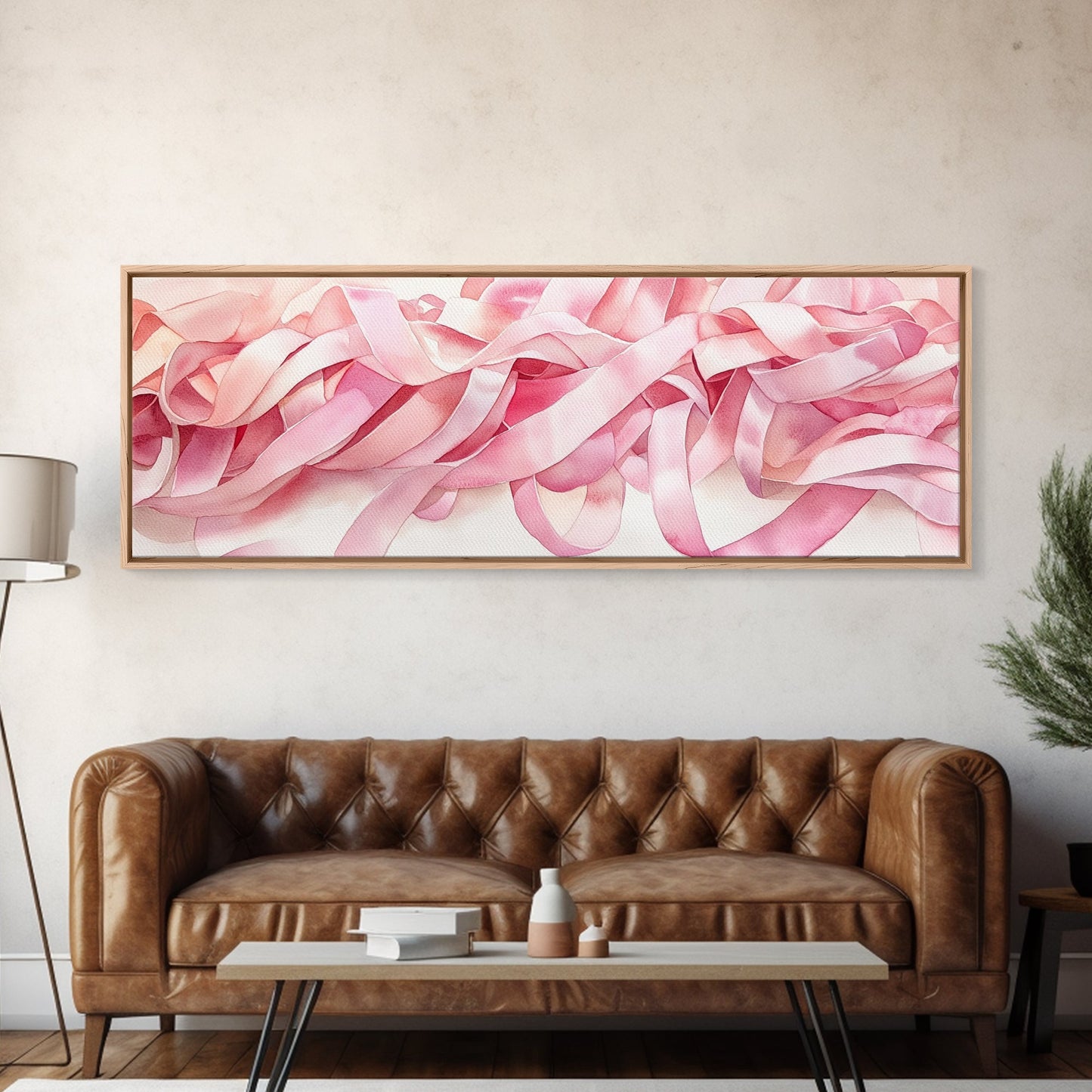 Abstract Ribbon Canvas Print Feminine Pink Abstract Artwork Horizontal Wabi Sabi Decor Minimalist Wall Art Above Sofa Framed Art