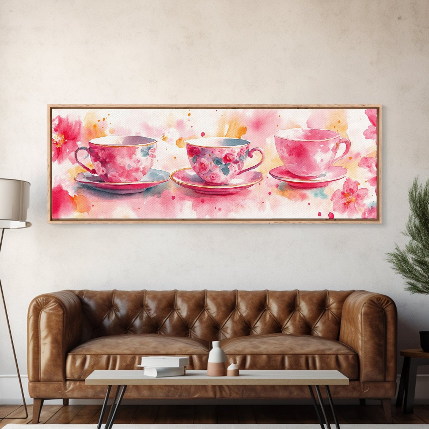 Pink Teacup Canvas Print Feminine Whimsical Kitchen Art Horizontal Pink Artwork Vintage Rustic Wall Art Living Room Framed Art