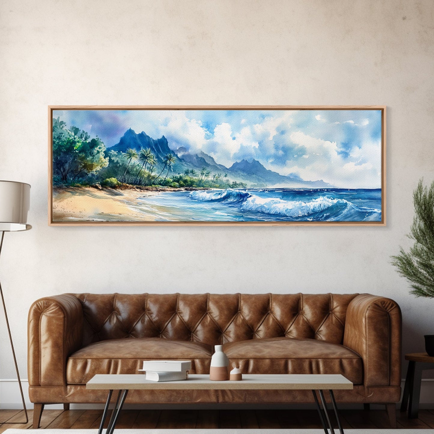Moody Coastal Seascape Framed Canvas Print - Hawaii Ocean Landscape Painting, Nautical Wall Art, Extra Wide Beach Bedroom Art Decor