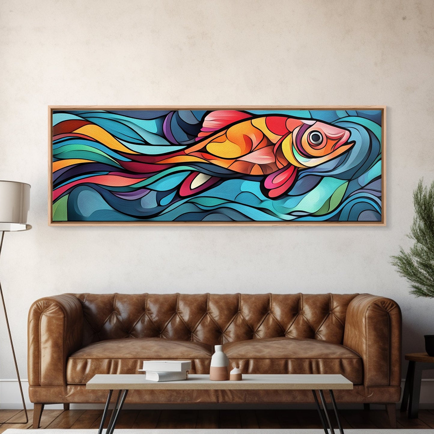 Abstract Goldfish Flow Framed Canvas Print, Whimsical Wall Art, Colorful Art, Teal Painting, Gift Idea, Skinny Wall Art, Bedroom Decor