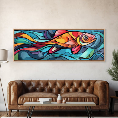 Abstract Goldfish Flow Framed Canvas Print, Whimsical Wall Art, Colorful Art, Teal Painting, Gift Idea, Skinny Wall Art, Bedroom Decor