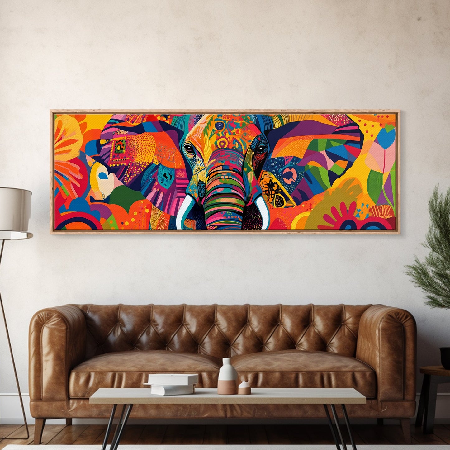 Vibrant Canvas Print of Colorful Abstract Elephant Wall Art, African Art, Whimsical Living Room Art, Boho Art, Horizontal Wall Art