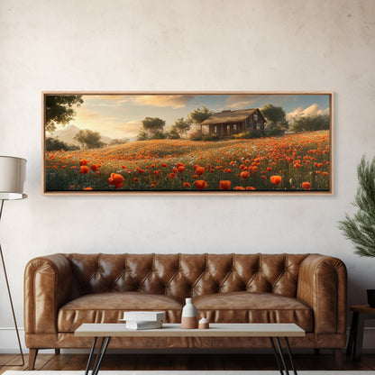Sunlit Poppy Meadow Framed Canvas Print – Rustic Decor, California Poppy Art, Landscape Painting, Extra Wide Art, Guest Room Art