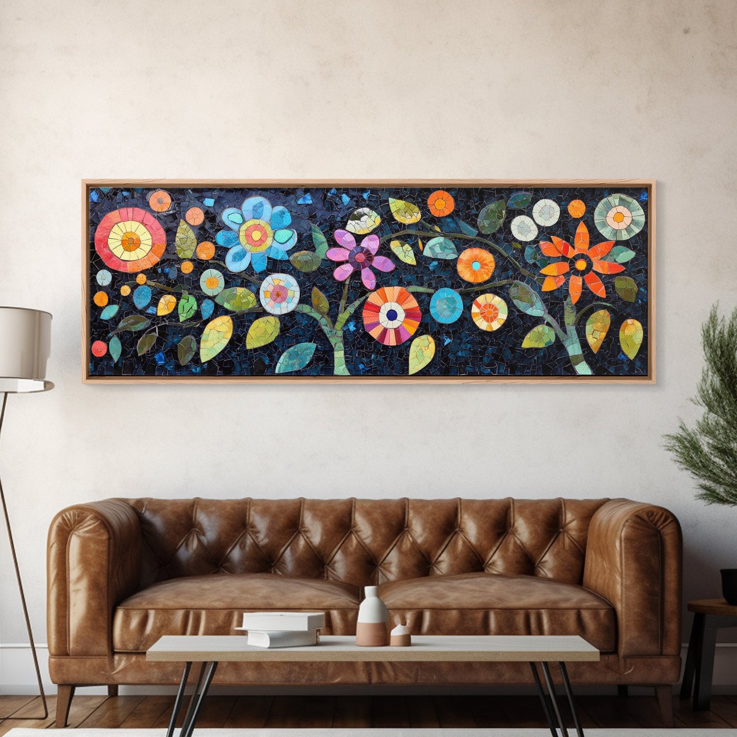 Mosaic Wall Art Wildflower Painting Framed Canvas Print, Botanical Print Horizontal Artwork, Whimsical Art Piece Above Sofa Decor