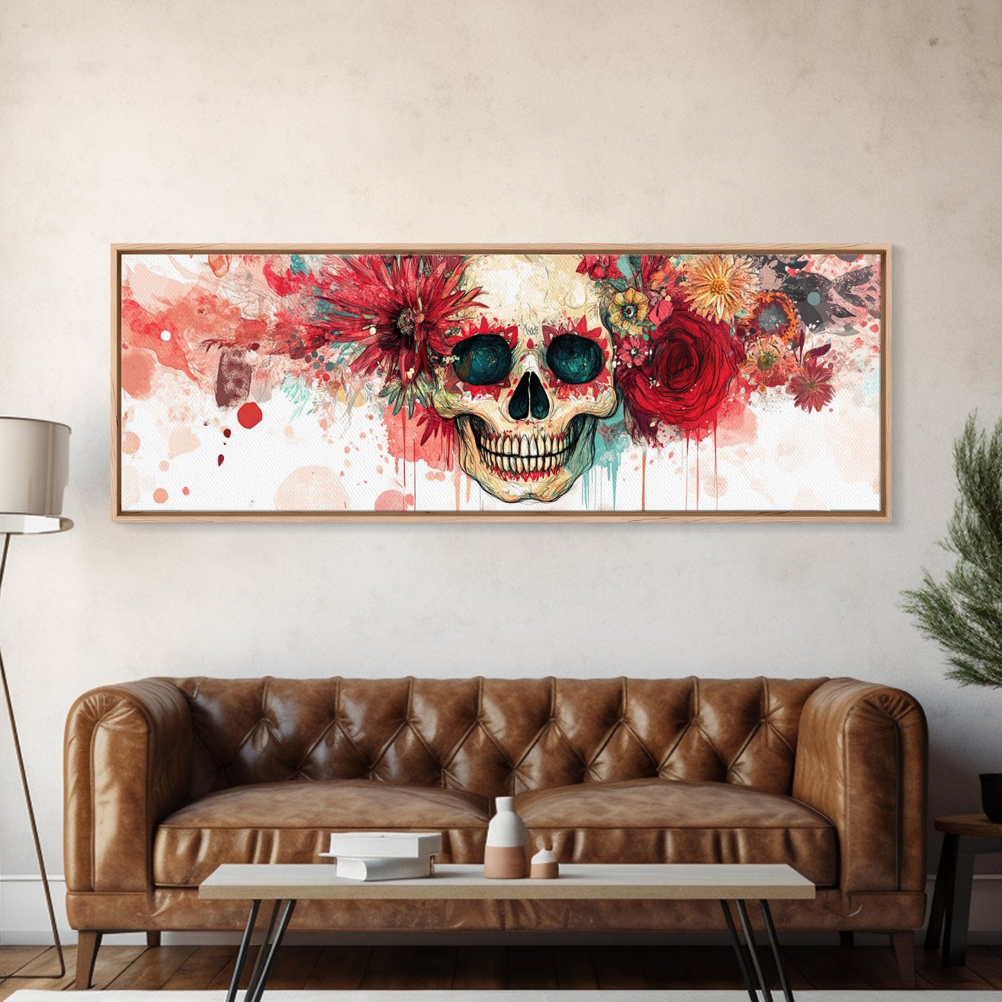 Vibrant Skull Art Framed Canvas Print, Dark Angels Wall Art with Floral Design, Skull and Rose Painting, Gothic Floral Home Decor, Boho Wall Art