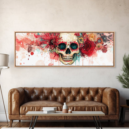Vibrant Skull Art Framed Canvas Print, Dark Angels Wall Art with Floral Design, Skull and Rose Painting, Gothic Floral Home Decor, Boho Wall Art
