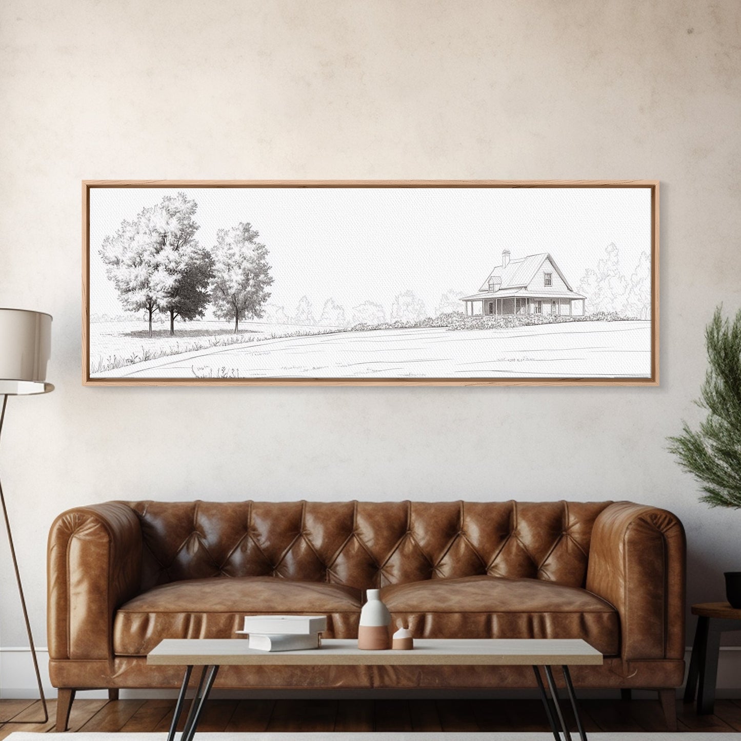 Rustic Farmhouse Framed Canvas Print, Black and White Landscape Art, Above Sofa Wall Art Minimalist Living Room Country Decor