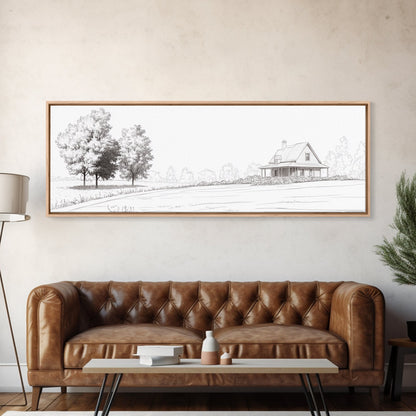 Rustic Farmhouse Framed Canvas Print, Black and White Landscape Art, Above Sofa Wall Art Minimalist Living Room Country Decor