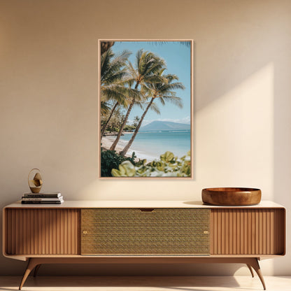 Serene Beach Horizon Framed Canvas Print – Coastal Nautical Wall Art, Hawaiian Landscape, Tropical Seascape Painting Coastal Decor