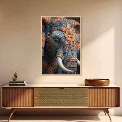 Detailed Elephant Face Framed Canvas Print – Kerala Mural Art, Sacred Geometry Decor, Ganesh Wall Art Rustic Boho Inspired Room Decor