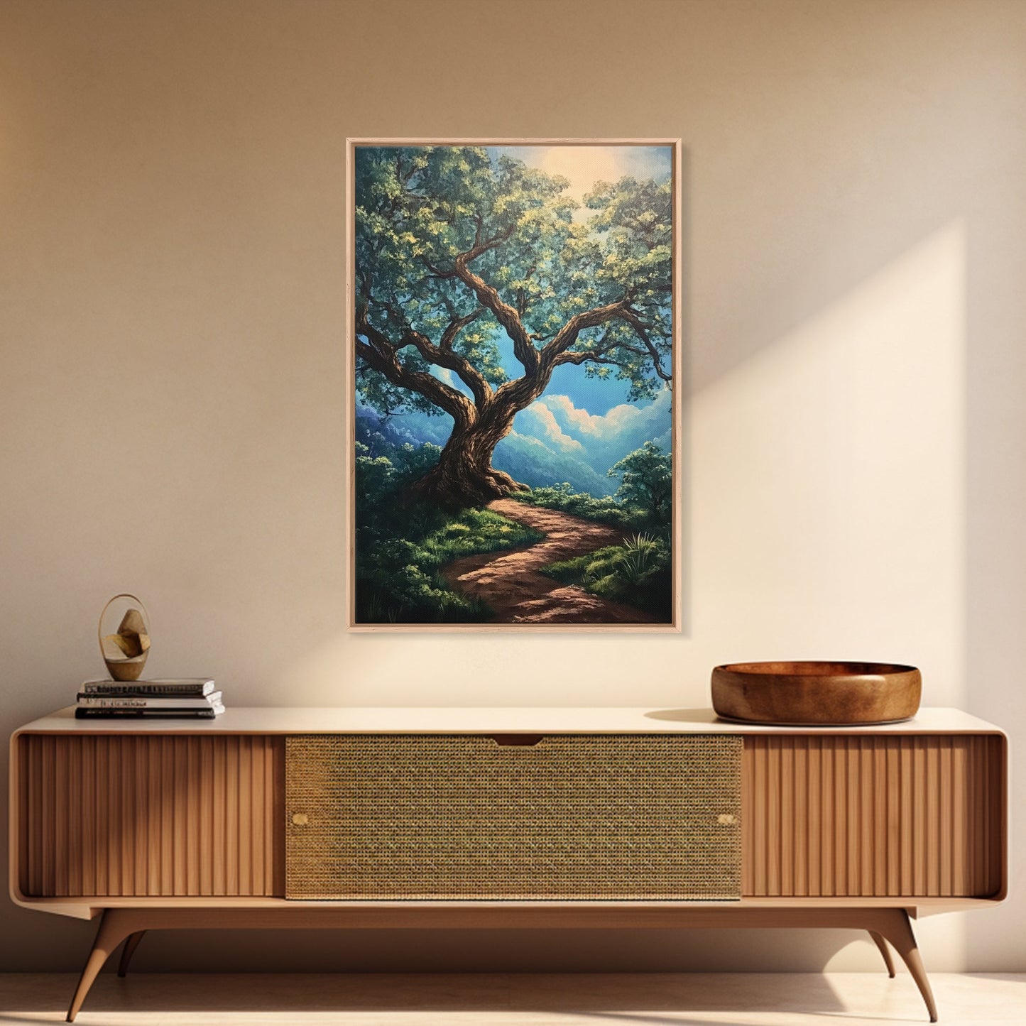 Majestic Oak Tree Framed Canvas Print – Oak Tree Art, Rustic Landscape Painting, Above Sofa Wall Art, Wabi Sabi Living Room Decor