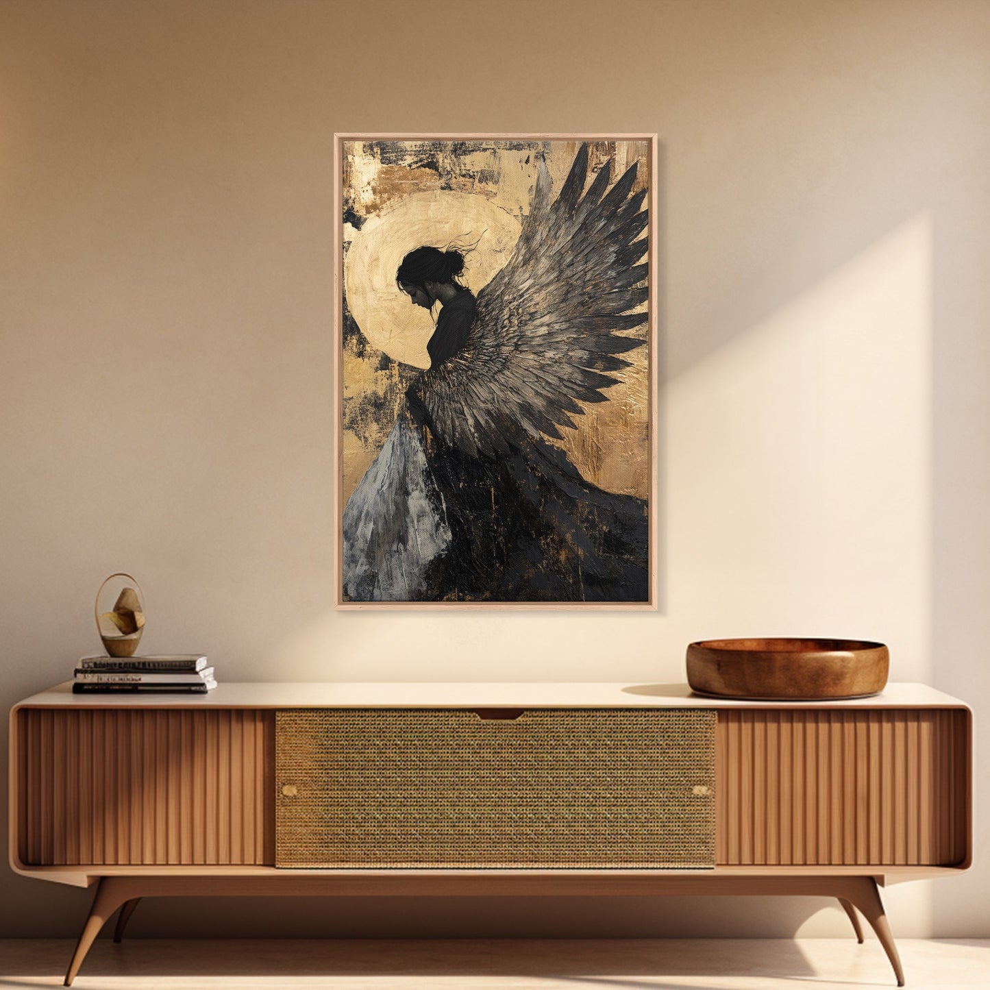 Golden Angel Wings Framed Canvas Print Dark Angel Wall Art Moody Gothic Artwork Gold Abstract Print Rustic Wall Decor Gift Idea