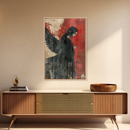 Gothic Angel Red Background Canvas Print Dark Angels Wall Art Moody Gothic Artwork Abstract Art Print Rustic Decor Gift Idea