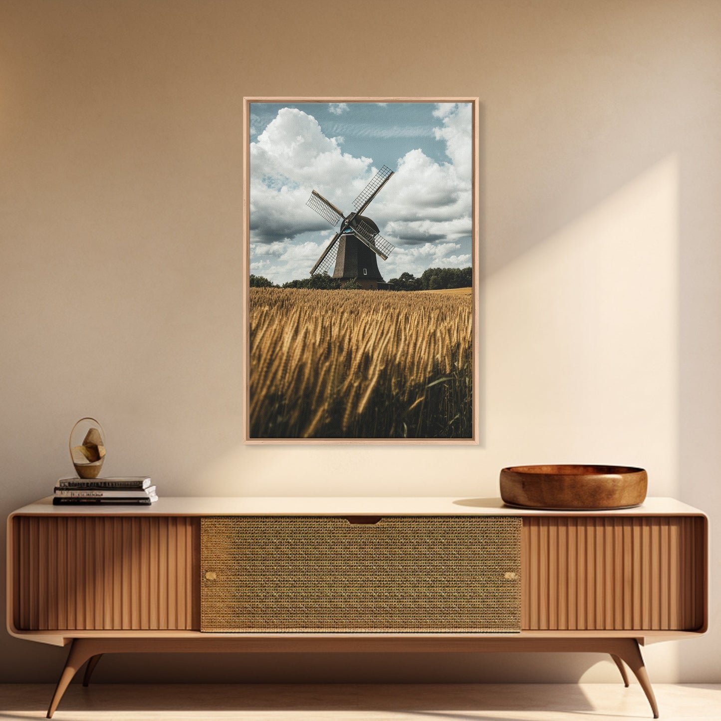 Wheat Field Windmill Framed Canvas Print Rustic Farmhouse Artwork Windmill Wall Art Minimalist Landscape Wall Decor Living Room Art