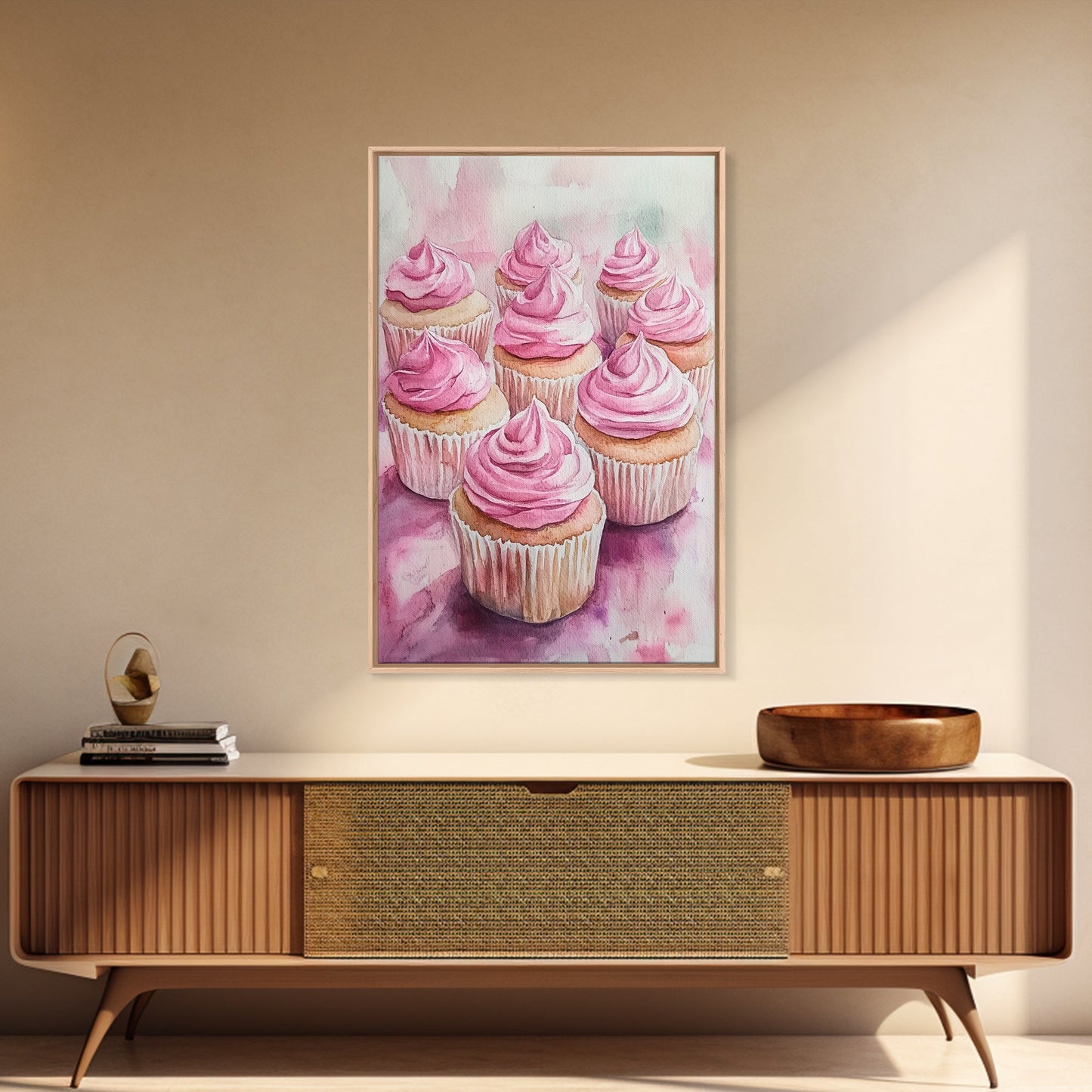 Pink Cupcake Art Canvas Print Kitchen Decor Dessert Illustration Rustic Artwork Food Review Kitchen Art Gift Idea For Her
