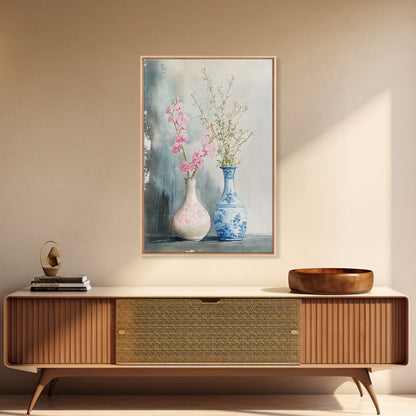 Delicate Vases Framed Canvas Print Wildflower Painting Botanical Prints Minimalist Art Light Pink Wall Art Rustic Decor Gift Idea