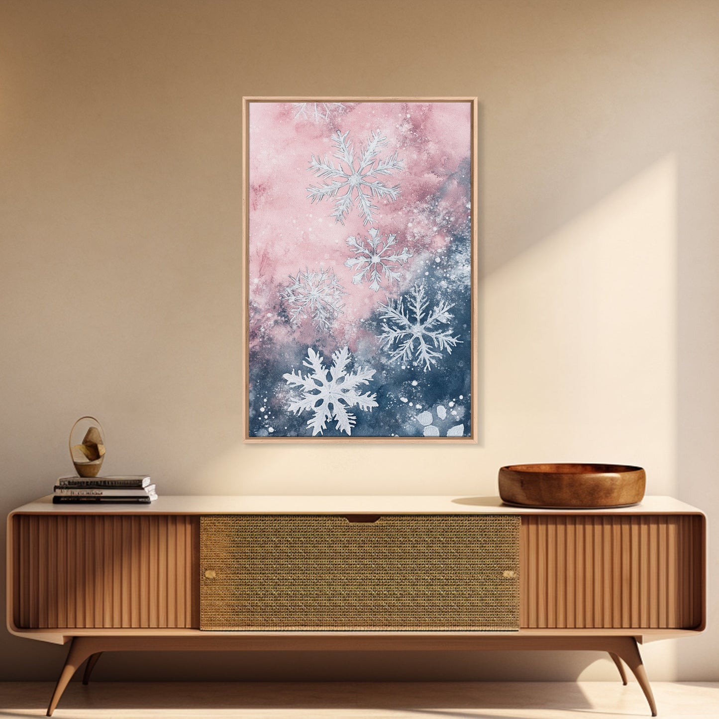 Snowflake Winter Light Pink Wall Art Framed Canvas Print | Wabi Sabi Minimalist Christmas Art | Cozy Holiday Living Room Decor