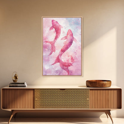 Watercolor koi fish painting in vibrant pink tones, perfect bedroom decor, framed canvas print, whimsical art above bed wall art