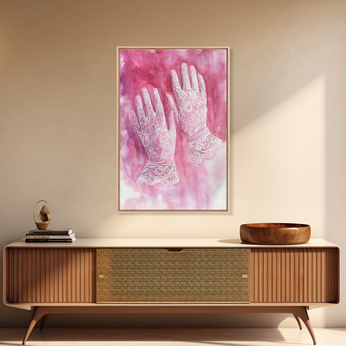 Light Pink Wall Art Canvas Print, Delicate Lace Gloves Illustration, Victorian-Inspired Art, Rustic Decor Bedroom Guest Room Gift
