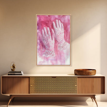 Light Pink Wall Art Canvas Print, Delicate Lace Gloves Illustration, Victorian-Inspired Art, Rustic Decor Bedroom Guest Room Gift