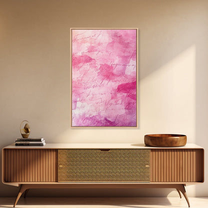 Calligraphy Pink Abstract Framed Canvas Print, Light Pink Wall Art, Romantic Handwriting Aesthetic, Minimalist Art Bedroom or Office Decor