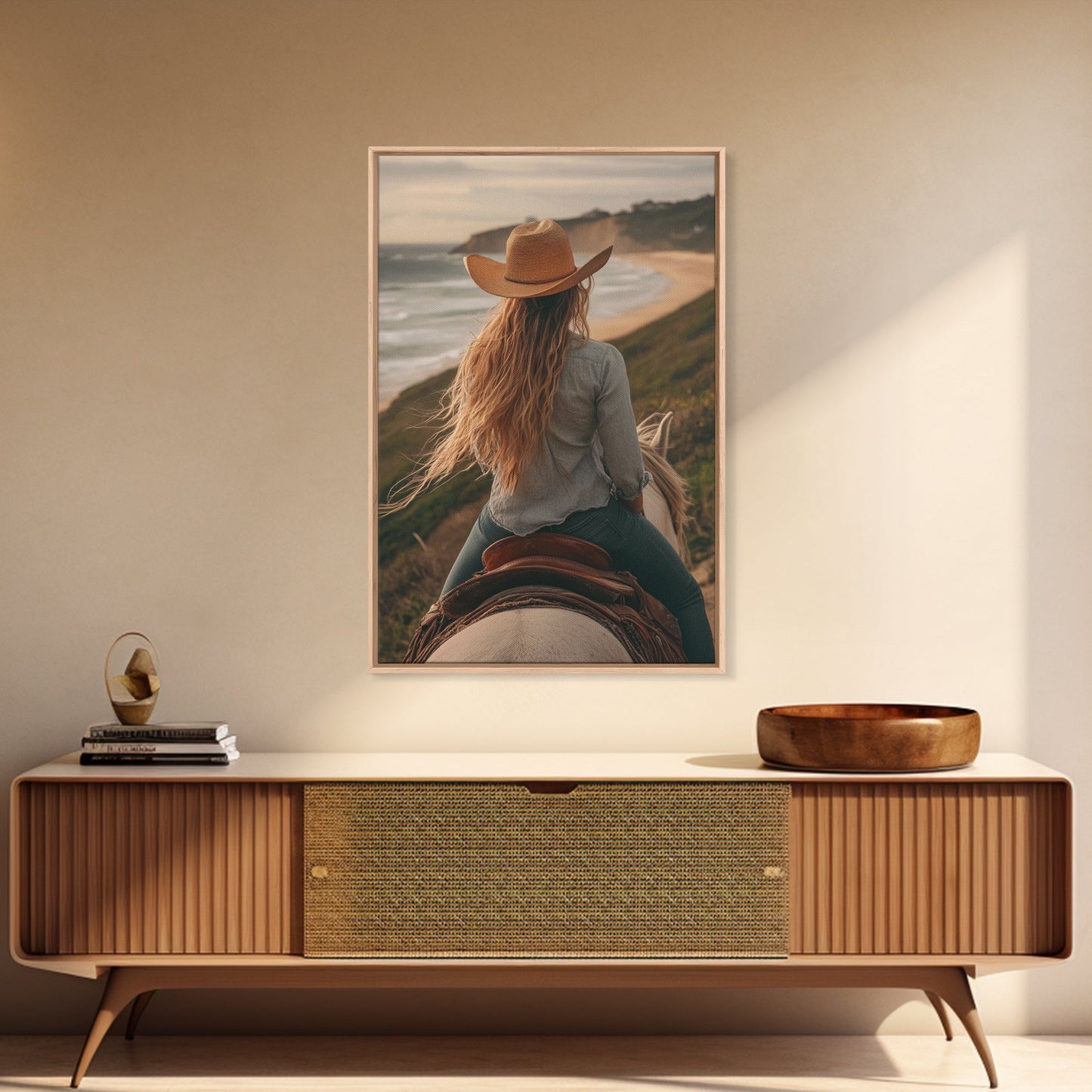 Coastal Cowgirl Riding Canvas Print Horse and Ocean Landscape Art Rustic Decor Western Inspired Framed Art Bedroom Living Room Gift