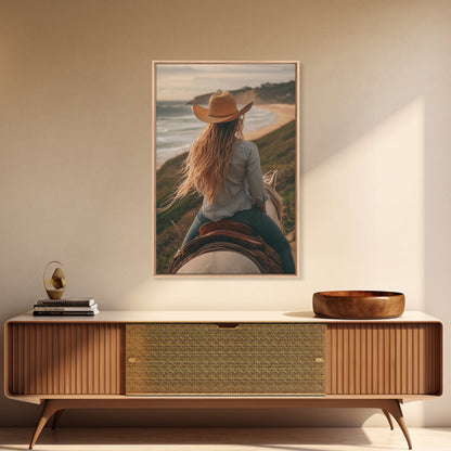 Coastal Cowgirl Riding Canvas Print Horse and Ocean Landscape Art Rustic Decor Western Inspired Framed Art Bedroom Living Room Gift