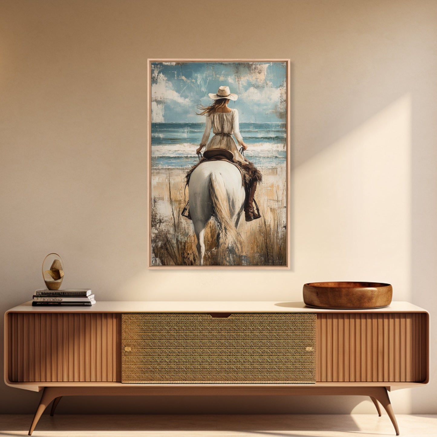 Rustic Horseback Beach Scene Canvas Print Coastal Cowgirl Wall Art Rustic Decor Western Art Nautical Decor Bedroom Living Room Accent