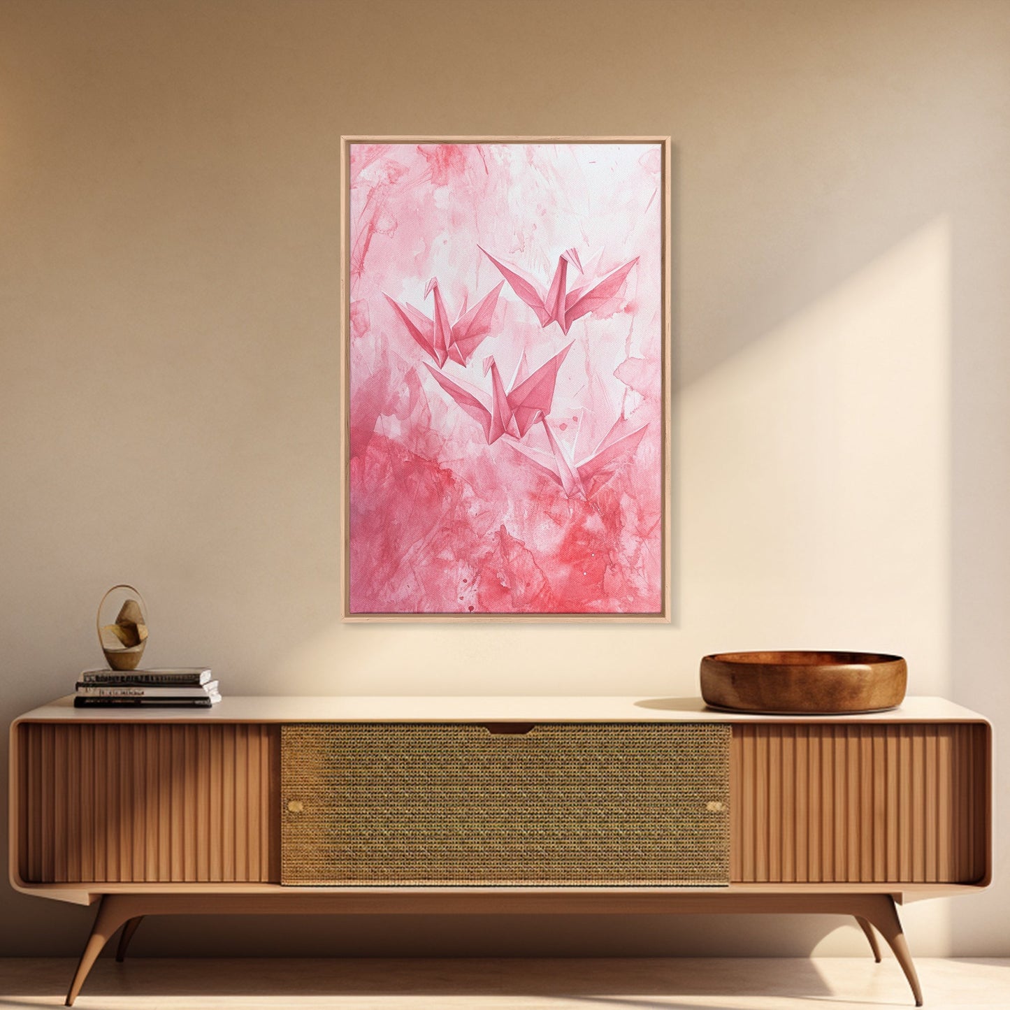 Origami Cranes Canvas Print Japanese Inspired Light Pink Wall Art Whimsical Minimalist Rustic Aesthetic Unique Gift Idea Art