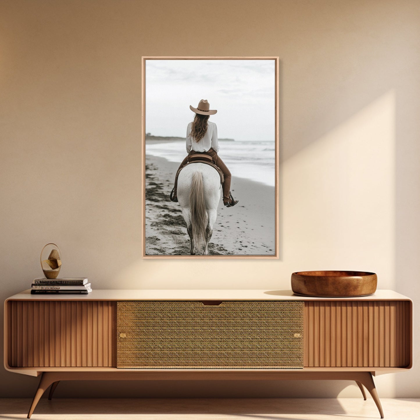 Serene Beach Ride Canvas Print Horse and Ocean Wall Art Coastal Cowgirl Rustic Decor Framed Canvas Home Living Room Artwork Gift