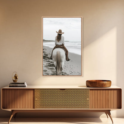 Serene Beach Ride Canvas Print Horse and Ocean Wall Art Coastal Cowgirl Rustic Decor Framed Canvas Home Living Room Artwork Gift