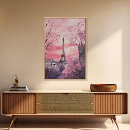 Paris Eiffel Tower Canvas Print Cherry Blossom Painting Romantic Cityscape Art Bedroom Wall Art Boho Dorm Rustic Decor Gift