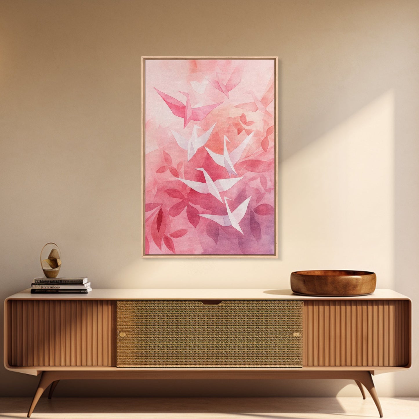 Origami Crane Painting Framed Canvas Print Whimsical Wall Art Light Pink Room Decor Minimalist Art Cherry Blossom Inspired Gift Idea