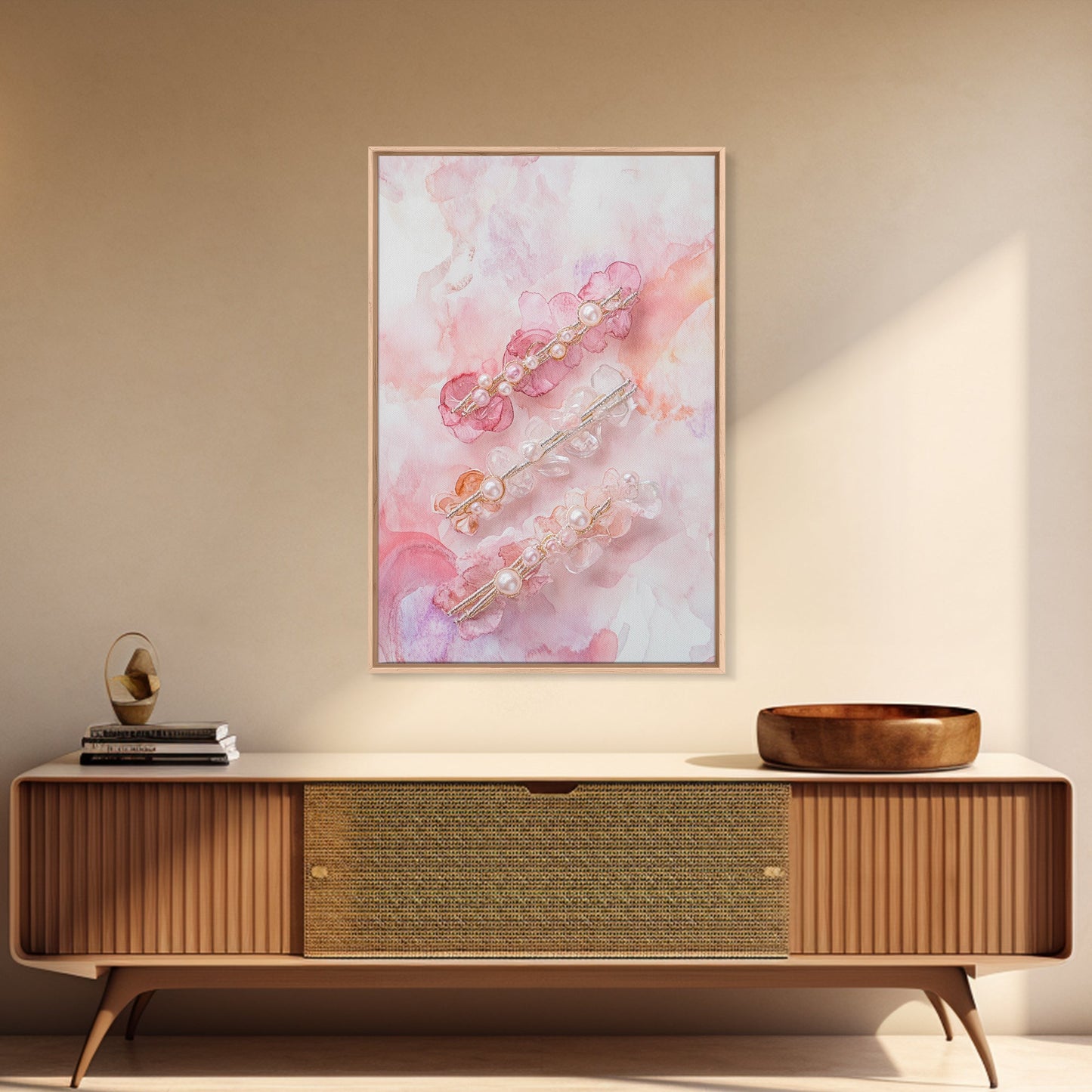 Elegant Floral Hair Accessories Canvas Print, Whimsical Art, Feminine Wall Art, Pink Abstract Art, Light Pink Wall Art, Bedroom Decor