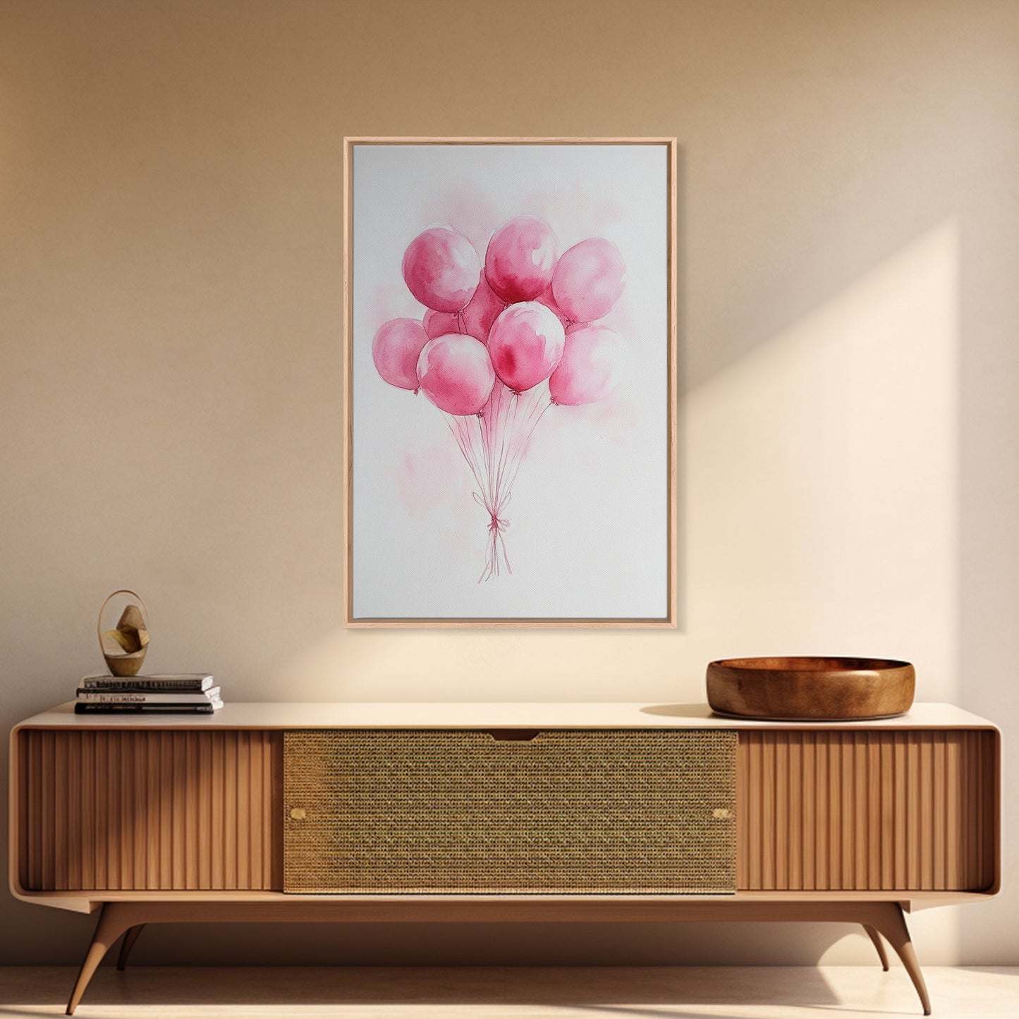 Pink Abstract Balloon Bouquet Framed Canvas Print, Whimsical Party Wall Art Light Pink Decor, Ideal Rustic Bedroom Aesthetic