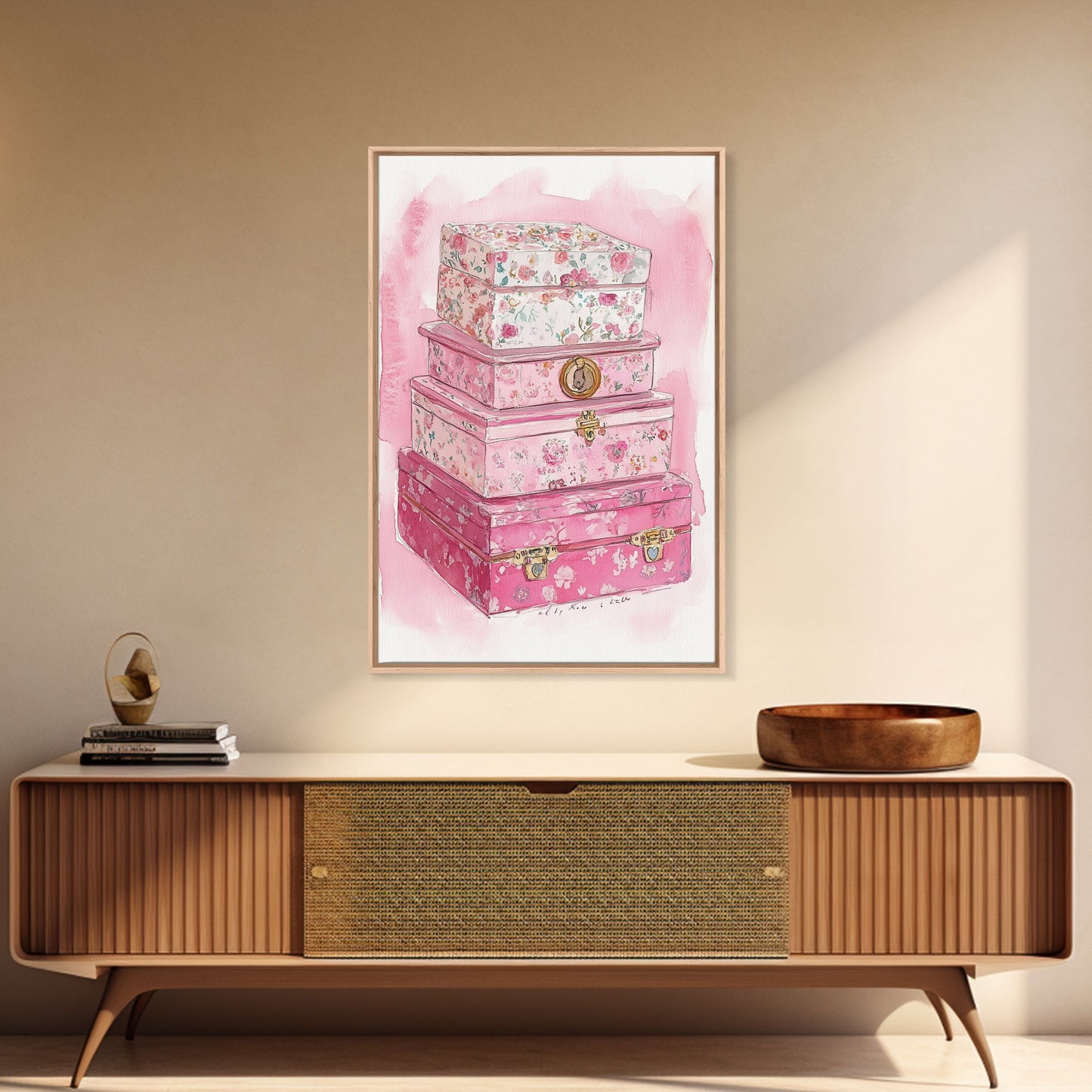 Floral stackable decorative boxes framed canvas print chic boho decor whimsical rustic art idea cozy wall decor charming bedroom addition