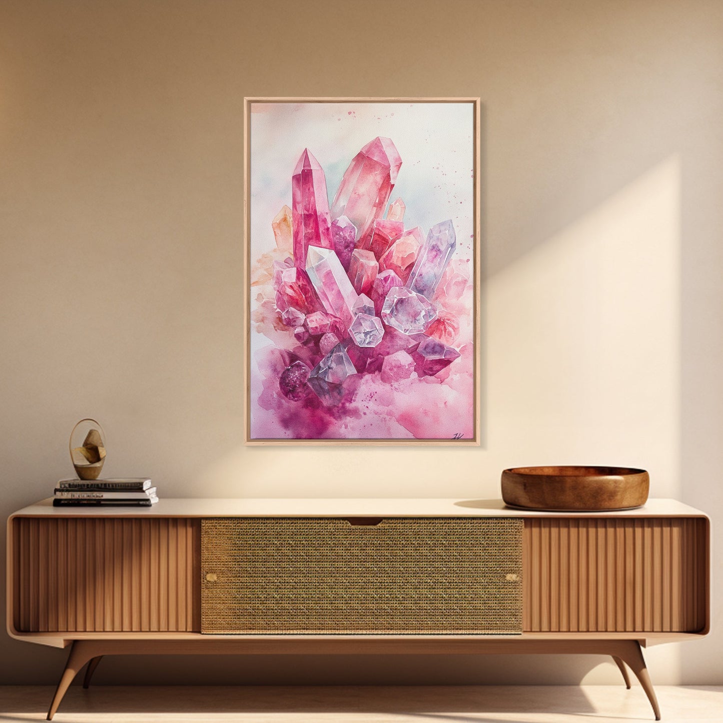 Gemstone Painting Framed Canvas Print Moody Abstract Art in Light Pink Wall Art Bedroom Decor Rustic Aesthetic Living Room Accent