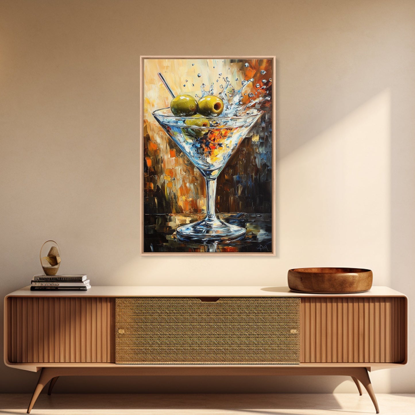 Golden Olive Martini Canvas Print with Rustic Cocktail Art Perfect Kitchen Decor, Espresso Martini Wall Art